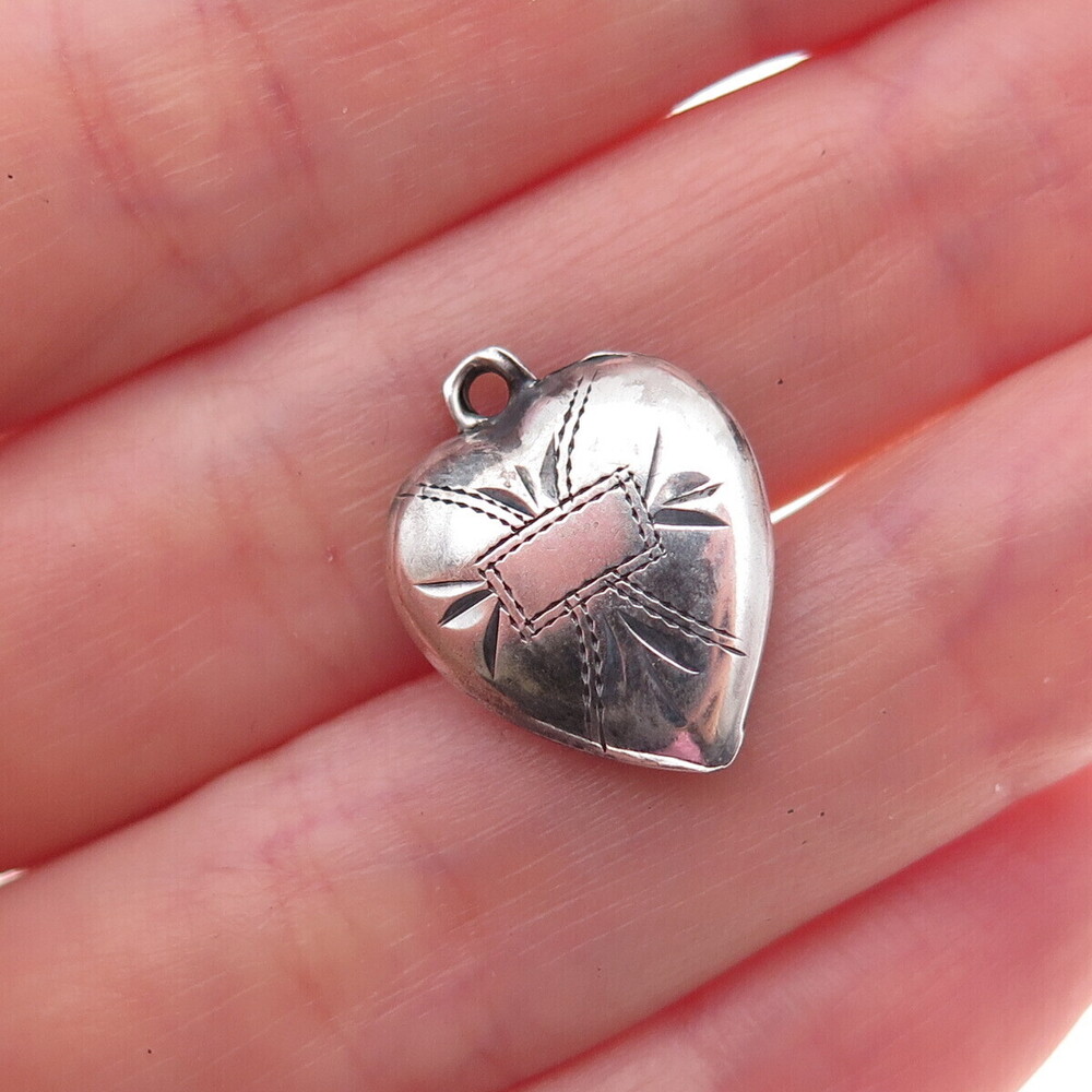 925 Sterling Silver Antique Art Deco Etched Cross Heart Chatelaine Charm Pendant